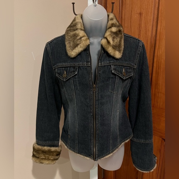 NEW NWOT VINTAGE Y2K GIACCA PENNY LANE BLUE DENIM JACKET FAUX FUR TRIM MEDIUM - Picture 7 of 14